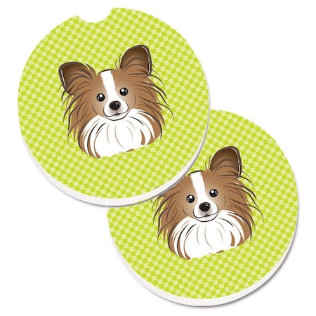 Carolines Treasures Checkerboard Lime Green Papillon Set of 2 Cup Holder Car Coaster BB1310CARC